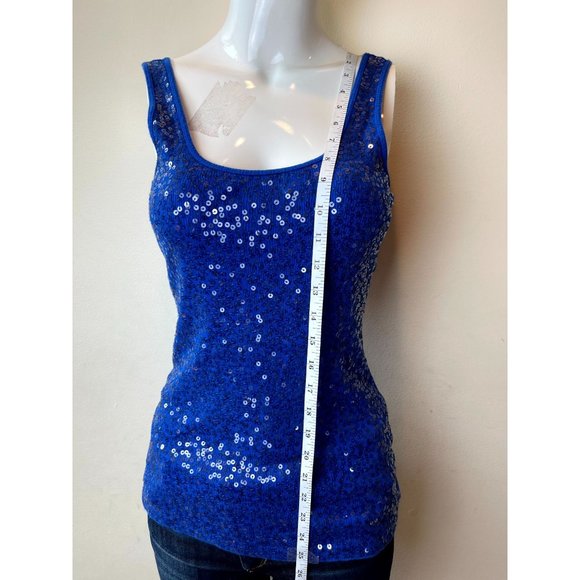 Express Women Sequin Tank Top Scoop Neck Wide Strap 100% Cotton Blue Size Small - Picture 3 of 6